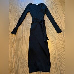 Good American Black Ribbed Wrap Midi Dress - Long Sleeve